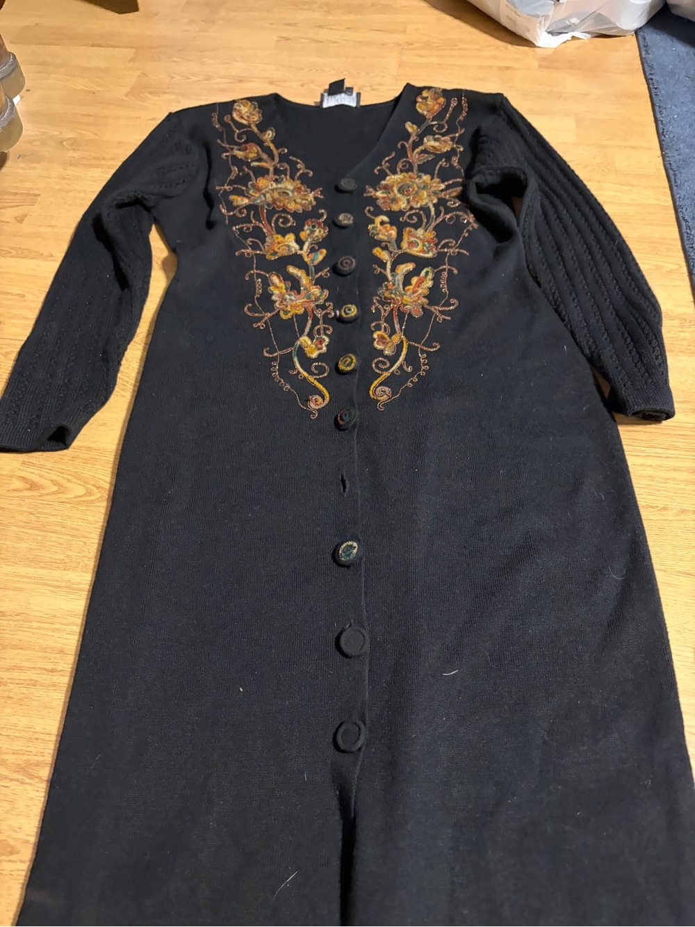 Carole Little Black Midi Dress with Gold & Rust Floral Embroidery- Vintage